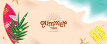 Summer Time Greeting Vector Design. It's Summer Time Text In Sand Space With Surfboard, Palm Leaf And Flipflop Elements For Tropical Season Background. Vector Illustration Summer Time Greeting Design.