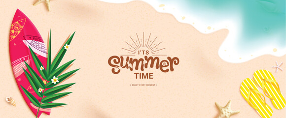 Wall Mural - summer time greeting vector design. it's summer time text in sand space with surfboard, palm leaf an