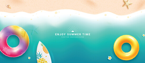 Wall Mural - Summer time text vector banner background. Summer time greeting with floaters and surfboard elements in beach seashore top view background. Vector illustration summer greeting banner. 
