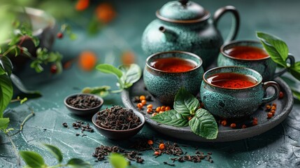 Wall Mural - Herbal tea background. Tea cups with various dried tea leaves and flowers were shot from above on a rustic wooden table. Assortment of dry tea in ceramic bowls with copy space