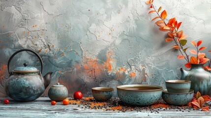 Wall Mural - Herbal tea background. Tea cups with various dried tea leaves and flowers were shot from above on a rustic wooden table. Assortment of dry tea in ceramic bowls with copy space