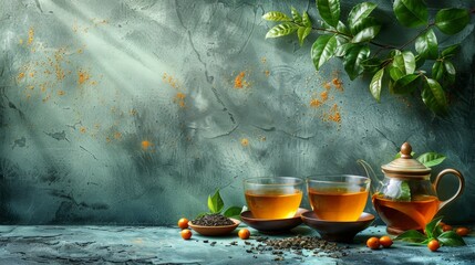 Wall Mural - Herbal tea background. Tea cups with various dried tea leaves and flowers were shot from above on a rustic wooden table. Assortment of dry tea in ceramic bowls with copy space