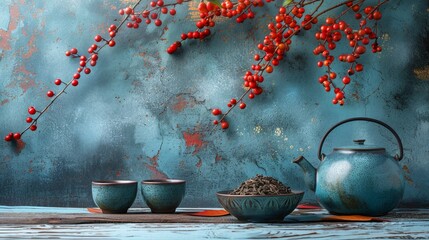 Wall Mural - Herbal tea background. Tea cups with various dried tea leaves and flowers were shot from above on a rustic wooden table. Assortment of dry tea in ceramic bowls with copy space