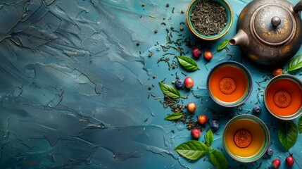 Wall Mural - Herbal tea background. Tea cups with various dried tea leaves and flowers were shot from above on a rustic wooden table. Assortment of dry tea in ceramic bowls with copy space