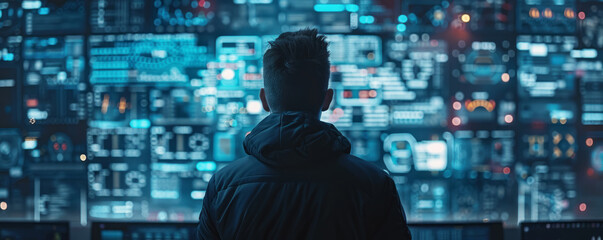 A programmer engrossed in coding on a futuristic computer interface
