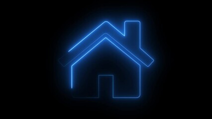 Glowing neon line Map pointer with house icon isolated on black background. Home location marker symbol.