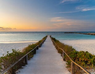 Wall Mural - wooden access sand beach and ocean water at sunset with few shrubs on sides