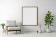 Clean and modern living area with a single chair, greenery, and an empty frame ready for your custom messages.