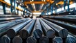 © saichon - Rows of Steel Round Bar storage and stacking in the warehouse for industrial construction.manufacture, iron, metal, building, architecture