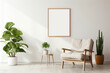 HD photograph of a Scandinavian-style living space with a single chair, plant, and an open frame for your creative text.