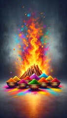 Wall Mural - Illustration in grunge style for holika dahan with a bonfire and bowls with colorful powder.