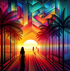 Wall Mural - A silhouette of a woman enters a vibrant, retro-futuristic gateway on a beach at sunset, blending a digital neon world with natural beauty, AI-generated.