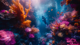 Fototapeta Do akwarium - Colorful underwater scene of a vibrant coral reef teeming with marine life in the beautiful blue sea