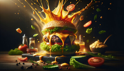 A juicy cheeseburger with dynamic cheese splash and flying ingredients on a dark background.