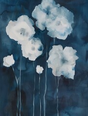 Poster - A painting depicting white flowers set against a vibrant blue background. The flowers appear delicate and elegant, contrasted beautifully by the bold blue hues.