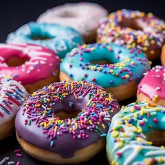 donuts with pink icing and colorful sprinkles on a black background