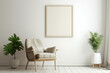 © Osman - Immerse yourself in simplicity in a beige-themed living room with a wooden chair, a vibrant plant, and an empty frame ready for your message.