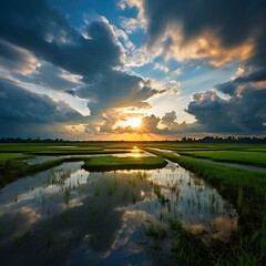 Wall Mural - Rice field and blue sky with clouds at sunset