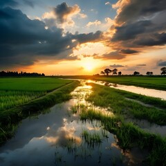 Wall Mural - Rice field and blue sky with clouds at sunset