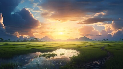 Wall Mural - Sunset over the rice field with mountains in the background and reflection
