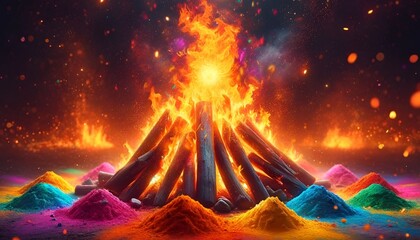 Wall Mural - Illustration of bonfire with colorful powders around for holika dahan.