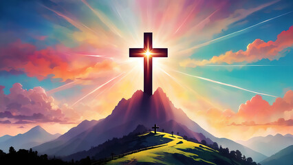 Poster - Silhouettes of cross on top mountain with bright sunbeam