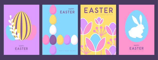 Set of holiday flat Easter posters with rabbit silhouette, Easter eggs, willow branch and floral elements. Vector illustration