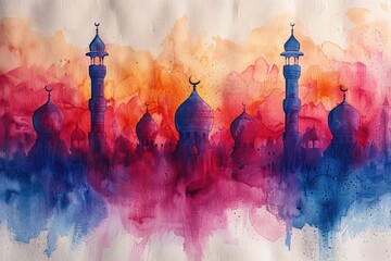 Wall Mural - design watercolour painting of ramadan decoration and islamic greeting card background