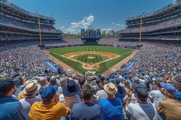 Wall Mural - Watching a baseball game at stadium crowd from far away professional photography