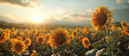 Wall Mural - A field of bright yellow sunflowers standing tall as the sun sets in the warm summer sky, casting a golden hue over the landscape.