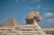 Great Sphinx of Giza opposite Pyramid of Khufu at background. Giza plateau, Greater Cairo, Egypt