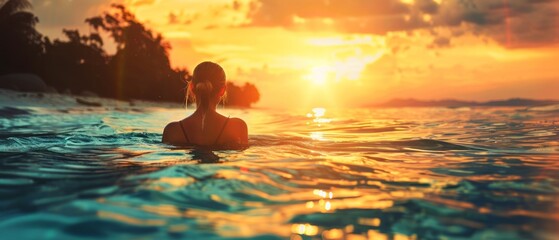 Woman Swimming in Ocean at Sunset