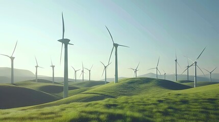  a windpower park, with green, black, and white colors, realistic 