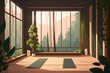 panoramic yoga studio with forest. Yoga retreat resort hotel. Yoga studio. Yoga center. Morning yoga.