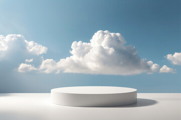 Wall Mural - Cloud background podium blue 3d product sky white display platform render abstract stage pastel scene. Podium stand light minimal cloud background studio dreamy pedestal