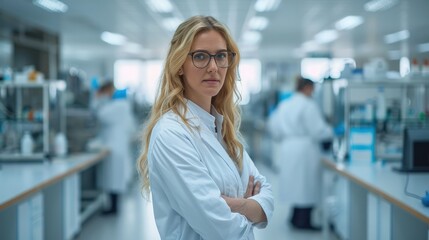 Poster - Caucasian woman scientist lab technician wearing a white lab coat with blonde hair standing in a laboratory. Generative AI.