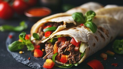 Wall Mural - Burritos wraps with beef and vegetables on black background