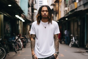 Man with tattoos wearing white t-shirt standing in urban alley.