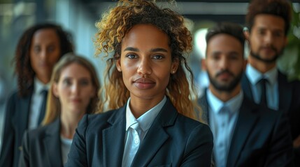 Poster - Group of business people wearing suits, men and women, they are all looking at the camera, technological background. Generative AI.