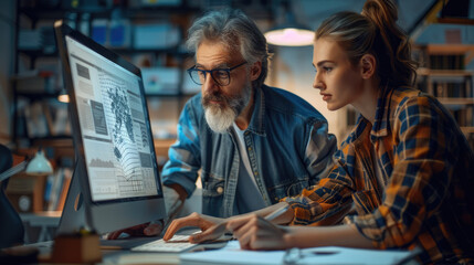 Aufkleber - Two people standing at a computer screen viewing digital design work. Generative AI.
