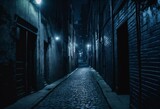 Fototapeta Uliczki - dark alley at night with lights, blue hue