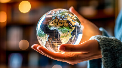 Wall Mural - A young girl delicately holds a glass globe in her hands