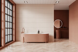 Fototapeta Panele - Modern hotel bathroom interior with bathtub and sink, panoramic window