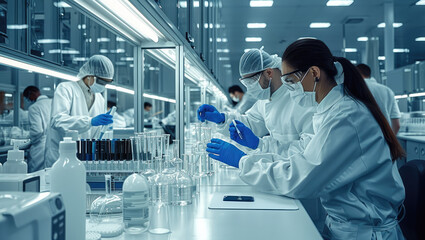 Poster - Engineers working on a high tech medical device in a clean and tidy laboratory. Generative AI.
