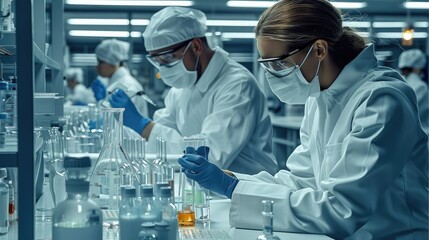 Poster - Engineers working on a high tech medical device in a clean and tidy laboratory. Generative AI.