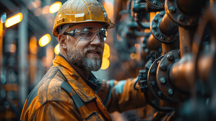 Poster - Construction pipe fitter working on a pipe in a refinery. Generative AI.
