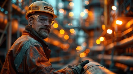 Poster - Construction pipe fitter working on a pipe in a refinery. Generative AI.