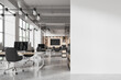Stylish office interior with meeting and coworking near window. Mockup wall