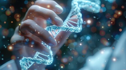 Leinwandbilder - Close-up hand of a Doctor touching DNA structure. Generative AI.