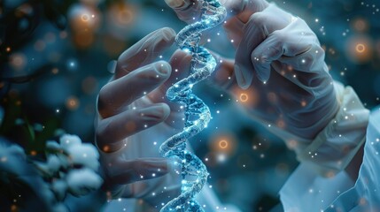 Leinwandbilder - Close-up hand of a Doctor touching DNA structure. Generative AI.